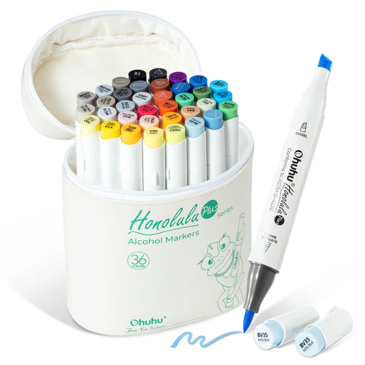 Ohuhu Honolulu Plus – סט 36 מרקרים עם קצה Supreme Brush פרימיום | מברשת גומי גמישה + קצה חרוט