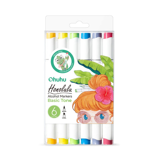 Ohuhu Honolulu סט 6 טושים אלכוהוליים עם קצה כפול מברשת וחיתוך לציור מדויק וצבעים עשירים