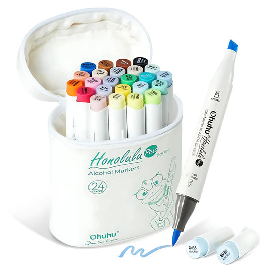 Ohuhu Honolulu Plus – סט 24 מרקרים עם קצה Supreme Brush פרימיום | מברשת גומי גמישה + קצה חרוט